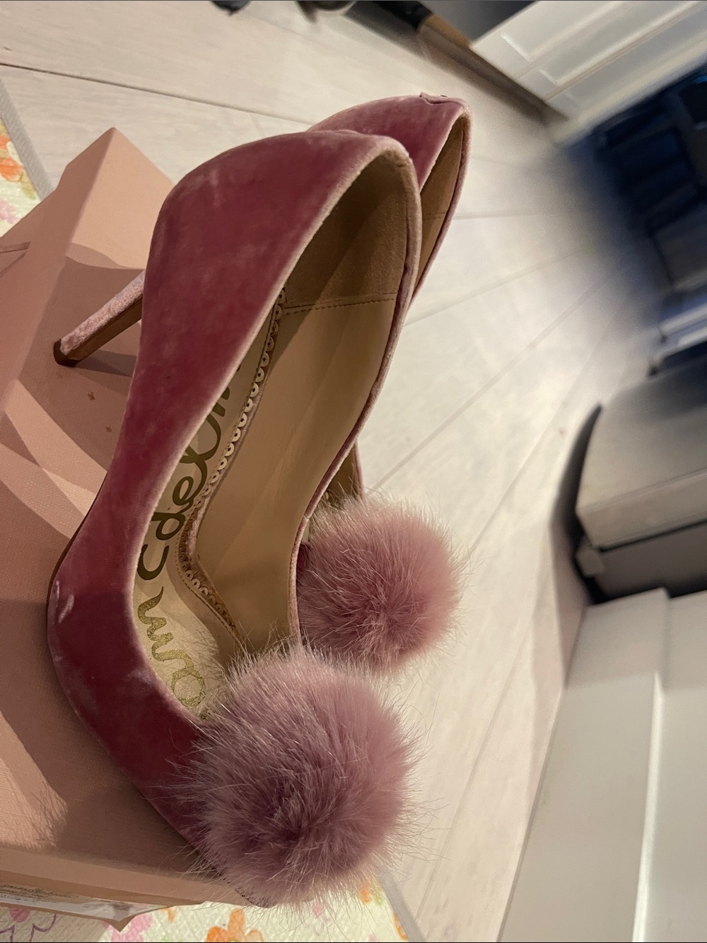 Sam Edelman Dusty Pink Velvet Pom-Pom Stiletto Heels